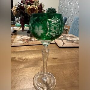 Green emerald cut to clear crystal goblet made in Germany